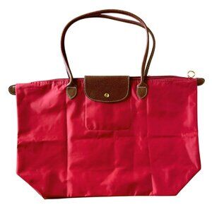 Red Large Nylon Tote Bag Brown Leather Trim Gold Hardware Durable Lightweight